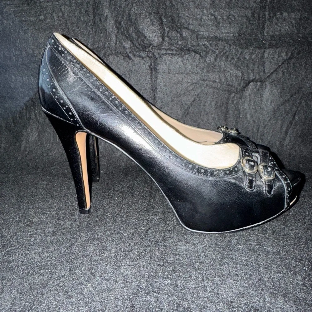Nine West Black Leather Hidden Platform Stiletto Peeptoe Pump Shoes Heels Size 7